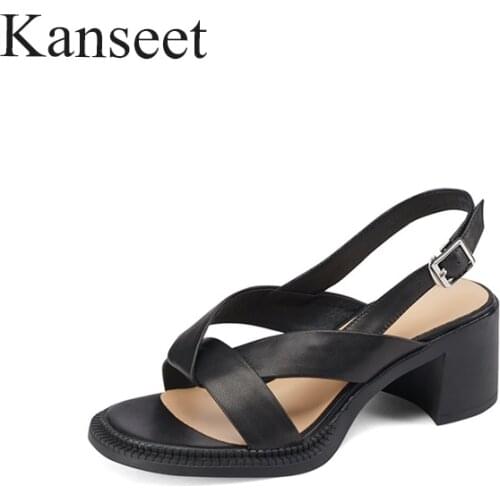 Kanseet Comfort Thick Heels 2021 New Summer Real Leather Women Sandals 6cm High Heels Shoes Basic Daily Black Beige Woman Heels