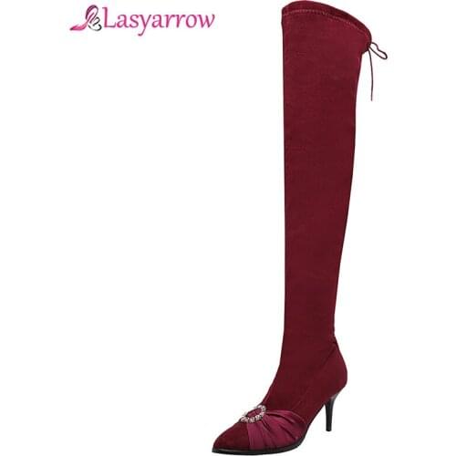 Lasyarrow fashion thin high heel pointed toe glitter crystal buckle knot over the knee boots women ladies thigh high boots J1040