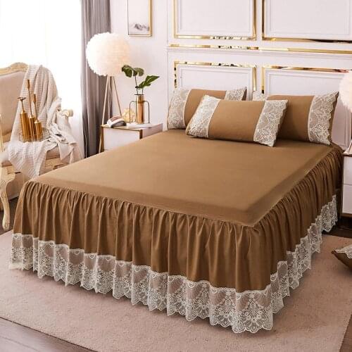 SEFINNA Brown Washed Microfiber Bed Skirt with 2 Pillowcases 3 Pieces Soild Lace Soft Set Easy Care Bedding Sets for Men & Women