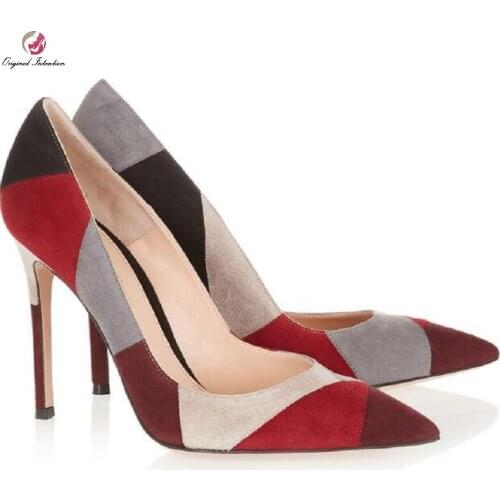 Womens Pointed Toe Pumps Fashion Shallow Thin High Heels Flock Fabric Mesh Patchwork Party Wedding Women Shoes Plus Size 34-45