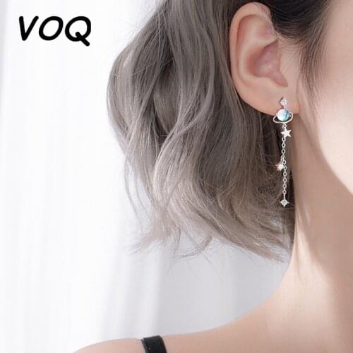 VOQ 925 Sterling Silver Zircon Star Womens Earrings Blue Space Universe Planet Round Long Earrings Fashion Jewelry