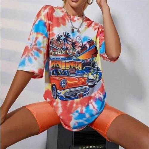 Harajuku Oversized T Shirt Women 2021 Letter Car Graphic Tee Shirt Femme Summer Casual Loose Color Tie Dye Print Tops T-shirt