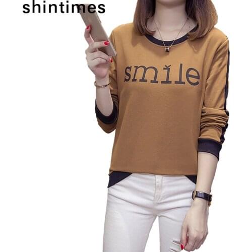Shintimes Tee Shirt Femme Korean Patchwork Plus Size T- Shirt Women Fashions Letter Print O-Neck Long Sleeve Casual Women Tshirt