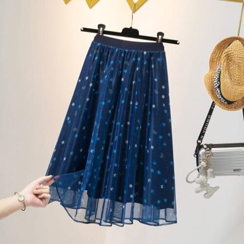 Mesh Stars Printed Midi Plus Large Size Oversize Korean Style Fashion WomenS Clothing Vintage 2021 Casual High Waist Skirts