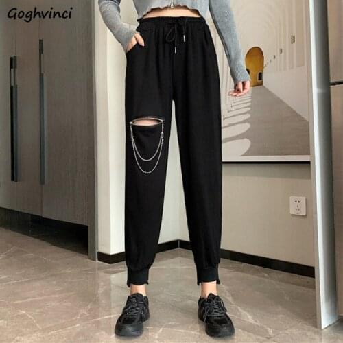 Women Pants Summer Ankle-length Cozy Casual Simple Drawstring Chain Hollow Out Female All-match Street Gym Exercise Tie Feet New