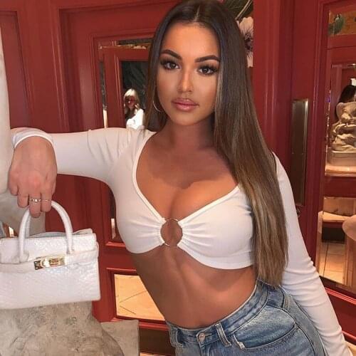 Womens Summer V neck Long-sleeved Crop Top Solid Color Hollow Ring Exposed Navel T-shirt Skinny Sexy Ladies New Tees