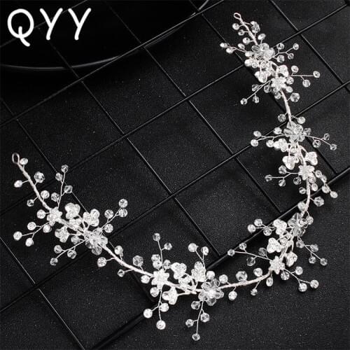 QYY Fashion White Flower Crystal Vine Wedding Headband Hair Jewelry Handmade Bridal Hair Accessories Headpiece Tiaras For Women