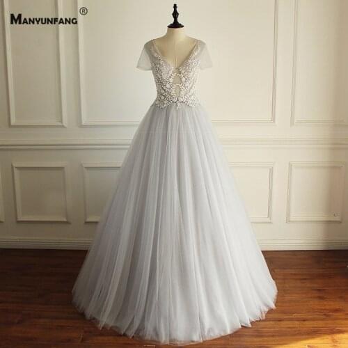 High-End V-Neck Sweep Train Embroidery Appliques Tulle A-Line Wedding Dress Elegant Lace Up Back Cap Sleeve Bridal Gown 2021