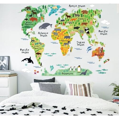 Animals world map wall stickers for kids room bedroom kindergarten classroom wall background decor removable wall decals art