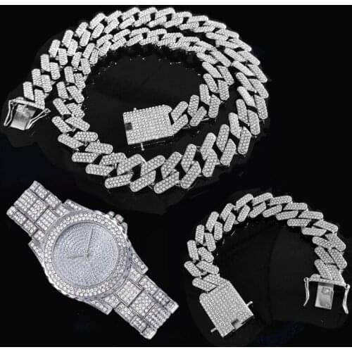 3pcs Kit 20MM Hip Hop Bling Iced Out 3 Row Full Rhinestones Gold Cuban Link Necklace+Watch+Bracelet For Men Jewelry