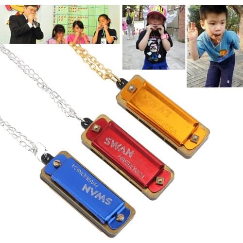 3pcs/lot Mini 3 Color Harmonica 4 Holes 8 Tones Harmonica Metal Chain Necklace Style for Children / Kids Gifts
