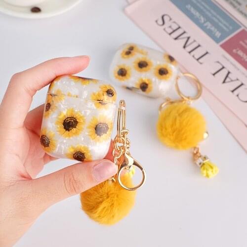 Cute Sunflower With Keyring Earphone Case For AirPods 1 2 Pro 3 Case Transparent Soft TPU Cute Bluetooth Earphone Charging Box