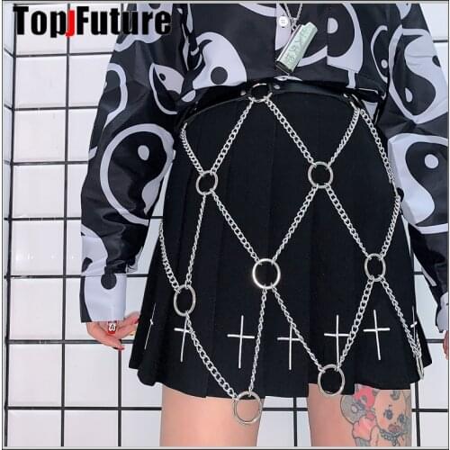 Black white Lolita Skirts Gothic Streetwear Cross Print Pleated Women Skirts Casual College Lolita Harajuku Skirt WITH CHAIN