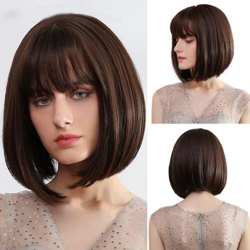 Inhair Cube Synthetic Flat Bangs Women Wig Ombre with Highlight Short Straight Hair Bob Wig Cosplay Hairstyle