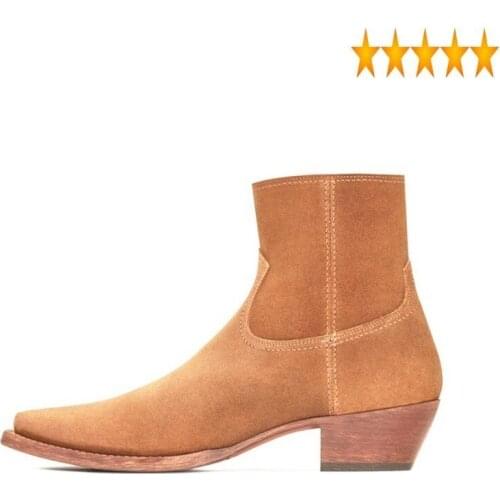 Quality Men Chelsea High Business Pointed Cow Suede Dress Shoes England Style Zipper Cowboy Ankle Boots Plus Size 46