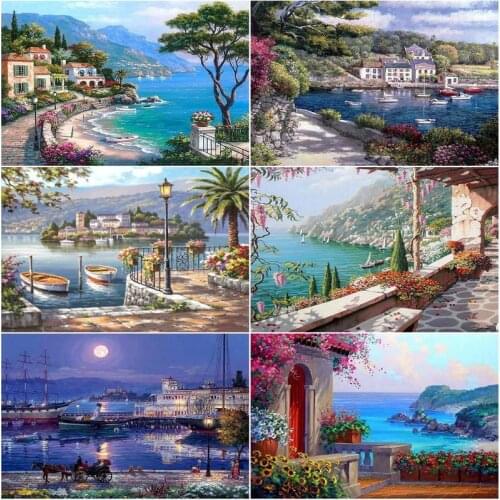 GATYZTORY Diy Painting By Numbers Mediterranean Sea Landscape Picture By Number On Canvas Home Decoration Wall Artwork