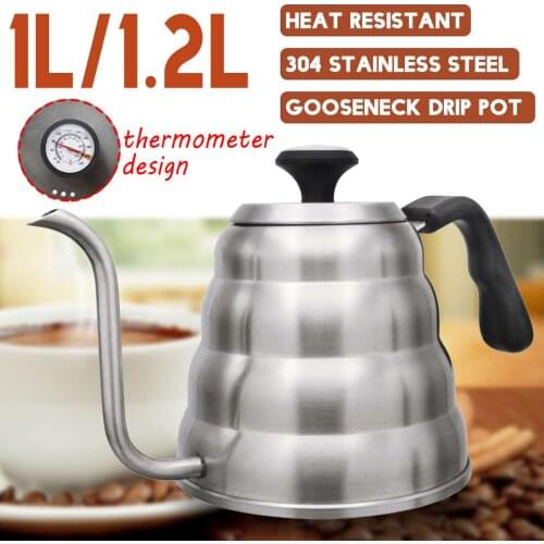 1.2/1L Stainless Steel Coffee Pot with Thermometer Long Spout Kettle Gooseneck Drip Coffee Kettle Thermo Maker Pour Over Teapot