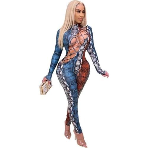 Cross Border European And American Jumpsuit New Snake Print Sexy Hollow Out Bandage Nightclub Womens Cargo Pants Compression