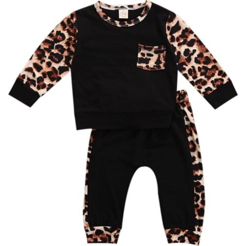 Baby Girl Boy Long sleeve Suit Leopard Stitching Round Neck T-shirt and Elastic Long Pants 2pcs Casual Baby Clothes Set