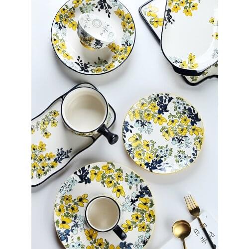 EECAMAIL Japanese Flower Fan Series Baking Tableware Hand-painted Ceramic Ramen Bowl Soup Bowl Plate Mug Ceramic Bowl Soup Dish