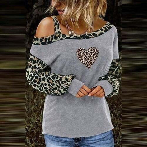 Fashion Printed Women Off-Shoulder Leopard Stitching T-Shirt Long Sleeve Tops Casual Skew Collar Leopard 2020 new