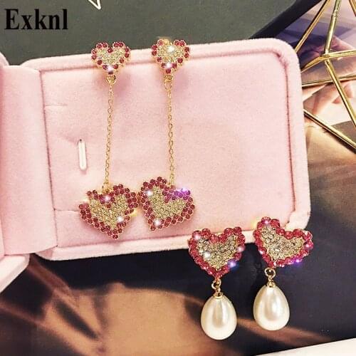 Exknl Fashion Love Korean Earrings Women Party Red Long Gold Color Earing Ethnic Simulated Pearl Jewelry Drop Earrings Female