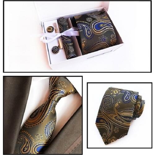 HOOYI Mens Ties Set Wedding Cuff links Tie Clip Handkerchief Gift Box Necktie Gravata Party Pocket square