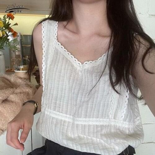 New Sleeveless Vest Women V-neck Womens Tops Blusas Mujer Clothes Casual Camis Sexy Backless Lace Tan K Top Women Summer 14601