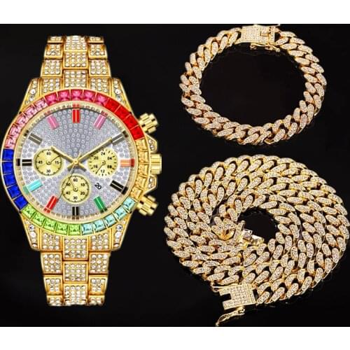 Necklace Bracelet Hip Hop Miami Cuban Chain Gold Color Colorful Watch for Men Iced Out Paved Rapper Men Jewelry Set Women Watch