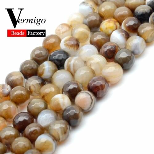 Natural Stone Faceted Coffee Stripe Agates Onyx Beads For Jewelry Making Diy Spacer Mineral Beads Bracelet Necklace 15"Strand