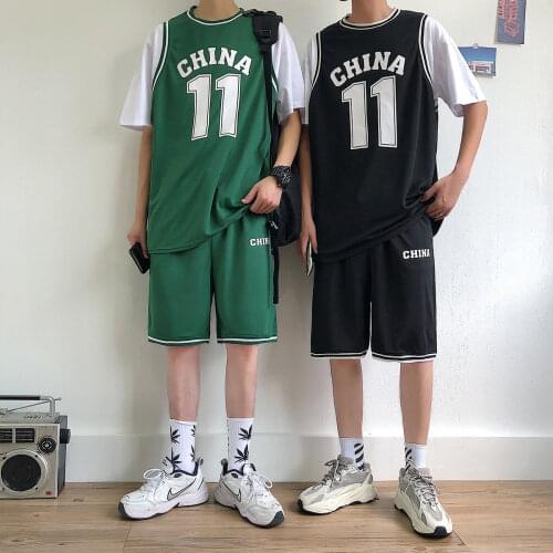 Loose Casual Basketball Clothes Suit Mens Ball Suit Owen Fake Two-Piece Hip-hop Street Couple