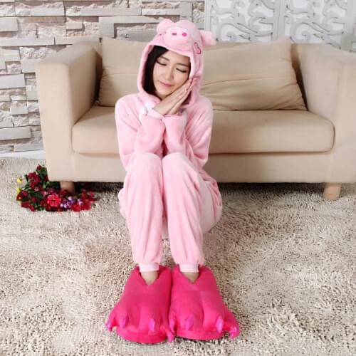 Warm Cosplay Costume Kigurumi Piggy Hooded Onesie Flannel Whole Onepiece Animal Pajamas Cute Animal Homewear Onesies For Adults