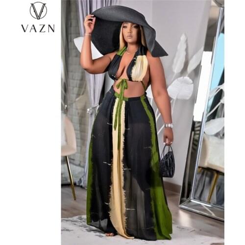 VAZN 2021 Plus Size New Design Street Style Sexy Sleeveless Loose 2 Piece Set Print Women Top And Pant Summer