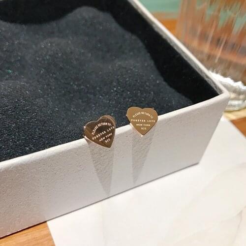 YUN RUO Classic Letter Heart Stud Earring Woman Gift Rose Gold Color Titanium Steel Jewelry Party Gift Never Fade Drop Shipping