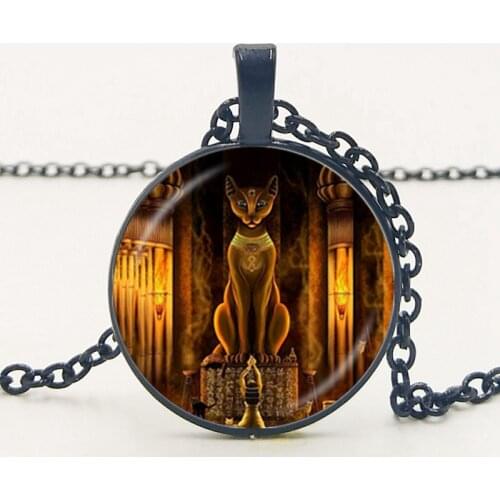 Statement Egyptian Lord Handmade Glass Necklace Ancient Egyptian Cat Goddess Statue Necklace Female Jewelry Amulet Accessories