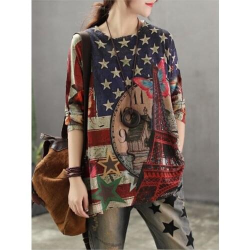 Summer Autumn Sweater Women Retro Loose Pullovers Knitting Tops O-Neck Print Pattern Blended Ladies Streetwear Casual Sweater