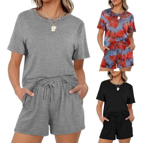 Women Short Sleeve Elastic Waist O Neck Drawstring T-shirt Shorts Set Two Piece Outfit for Lounge