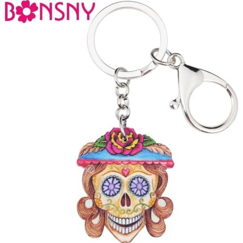 Bonsny Acrylic Pirate Skeleton Skull Halloween Punk Key Chains Keyrings For Women Girl Ladies Handbag Car Key Charms GIFT Bulk