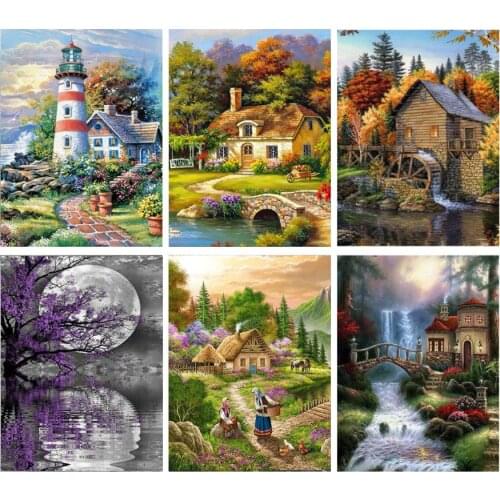 DIY 5D Diamond Painting Cross Stitch Waterfall Landscape Tree Full Round Mosaic Diamond Embroidery Wall Art Home Decor