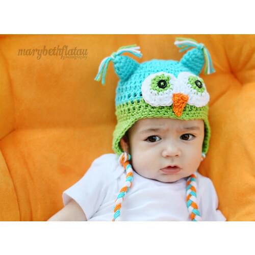 Free shipping,new latest design! baby 100% handmade crochet blue/green owl modelling earflaps hat Beanie Newborn Photo prop