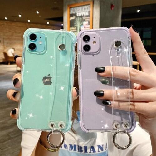 Glitter Transparent Wrist Strap phone Cases For iphone 12 11 pro MAX X XR XS MAX 7 8 Plus Cover Hand Band Cases Soft TPU Flash