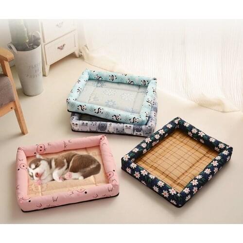 Square Dog Bed Summer Cooling Cat House Puppy Sleep Cushion Nest Cat Ice Silk Cool Mat Pet Kennel Rattan Pet Accessories