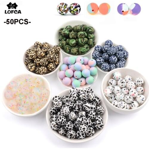 LOFCA 50pcs Tie dye leopard Terrazzo Dalmatian camo Silicone Loose Beads DIY Chewable Teething For Infant Baby Safe Teether