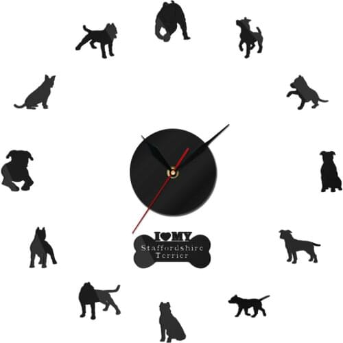 Staffordshire Bull Terrier 3D DIY Wall Clock Pet Animals Shop Big Needles Clock Watch Dogs Breed Pug Mirror Surface Room Decor