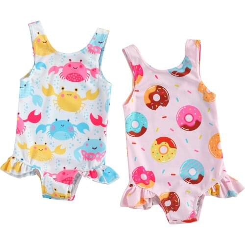 1-4T Babys Romper, Newborn Girls One-piece Swimsuit, Summer Children Cute Crab/Donut Printing Sleeveless Swimwear for Vacation