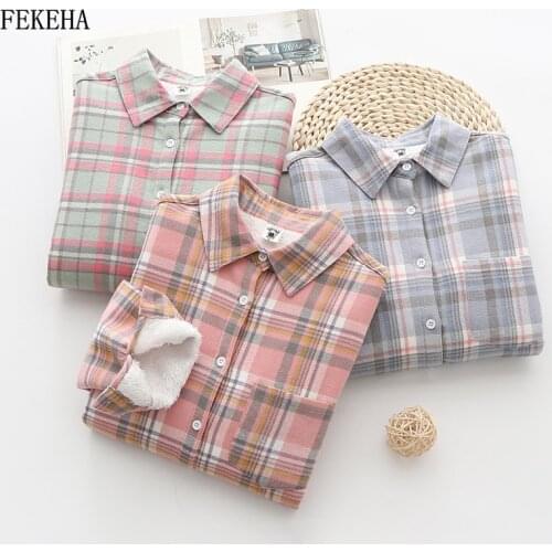 Winter Keep Warm Plaid Shirt Women Blouse Casual 100% Cotton Plus Thick Velvet Long Sleeve Ladies Female Tops Blusas