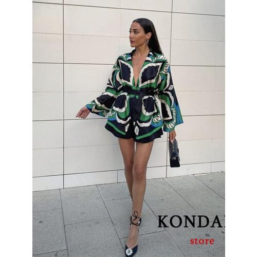 Za 2021 Bermuda Women Sets 2 Pieces Summer Oversized Long Green Print Sashes Knot Kimono Shirts and High Waist Wide Leg Shorts
