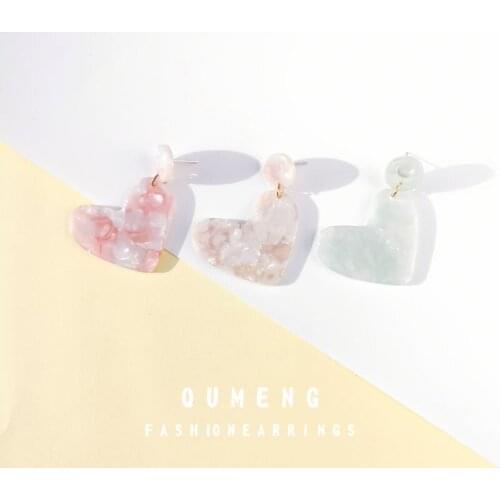 QUMENG 2020 korean Heart Shape Resin Plastic Acetic Acid Ear drop dangle Earring for women cute sweet Charms Jewelry girls gifts