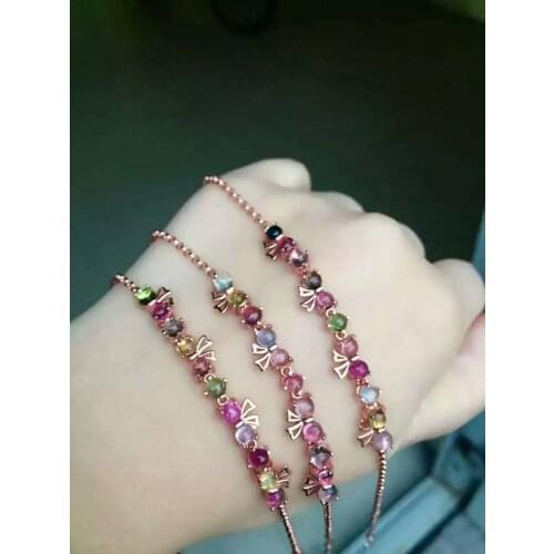 Natural Multicolor tourmal gem Bracelet Natural gemstone lovely bow-knot Bracelet 925 silver bracelet women girl party Gift
