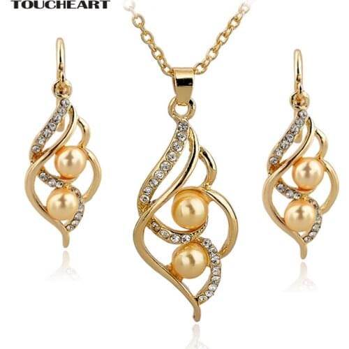 TOUCHEART Wedding African Beads Jewelry Set Crystal Women Gold color Simulated Pearl Earrings Necklaces Parure Femme Set140024